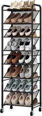 STO STO 8-Tier Narrow Shoe Rack with Lockable Wheels, Double-Sided Vinyl Mesh Shelf Shoe Organizer for Up to 30 Pairs, Slim Space Saving Metal Rolling Shoe Storage for Entryway, Closet, Hallway