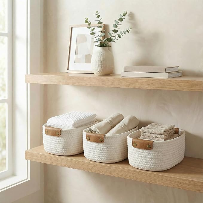 Beautiful Storage Basket Set of 3 - Sturdy Jute Rope Baskets for Shelves Are Perfect for Organizing Your Home - Quality Storage Bins Easily Fit With Any Nursery or Bedroom Decor