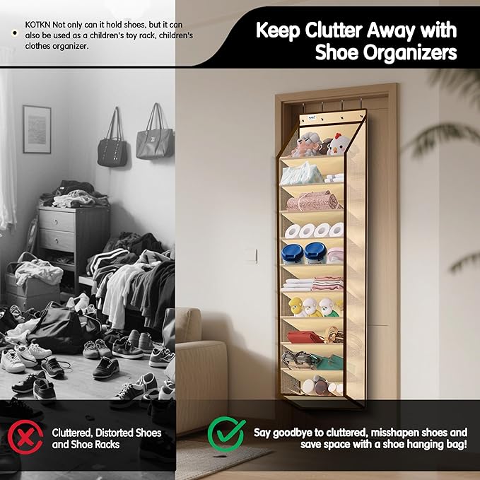Kotkn 10 Tier Over The Door Organizer - Heavy Duty Hanging Storage Rack with Sturdy Oxford Fabric, Holds 20+ Pairs of Footwear, Boots & Sneakers, Saves 50% Closet Space(Beige)