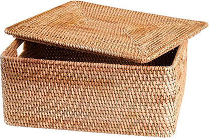 Rattan Basket With Lid, Large Lidded Basket For Storage(11.81" L×7.87"W×5.91"H)