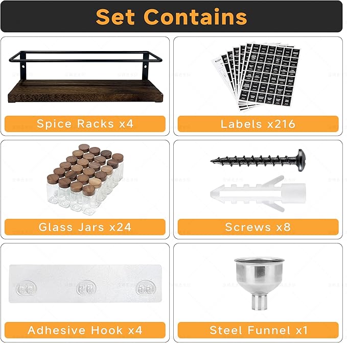 4-Tier Wall Mount Spice Rack Organizer with 24 Glass Jars, 216 Labels & Funnel - Screw/Adhesive Mount, Black Metal & Wood Spice Storage for Kitchen Pantry Cabinet, 11.6”W x 2.4”D x 3.2”H