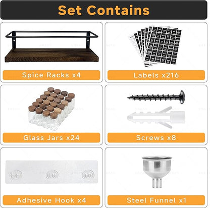 4-Tier Wall Mount Spice Rack Organizer with 24 Glass Jars, 216 Labels & Funnel - Screw/Adhesive Mount, Black Metal & Wood Spice Storage for Kitchen Pantry Cabinet, 11.6”W x 2.4”D x 3.2”H