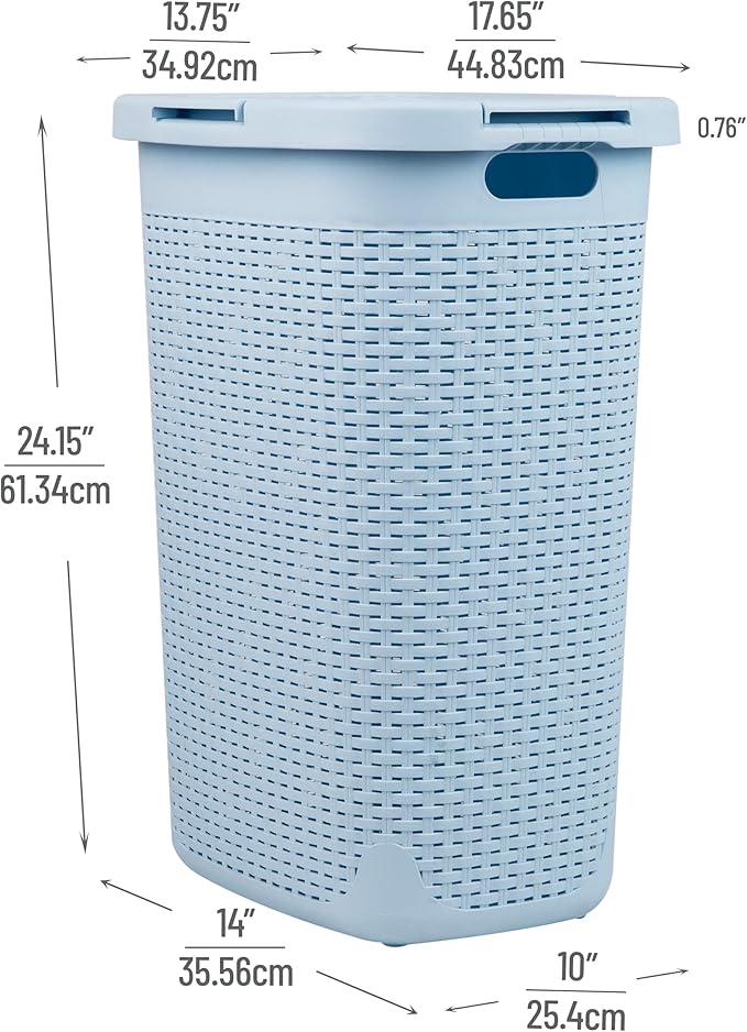 Mind Reader Slim Laundry Hamper with Lid, 60L Tall Clothes Basket, Narrow Tapered Design for Bathrooms, Closets and Laundry Rooms, Plastic, Baby Blue