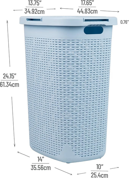 Mind Reader Slim Laundry Hamper with Lid, 60L Tall Clothes Basket, Narrow Tapered Design for Bathrooms, Closets and Laundry Rooms, Plastic, Baby Blue