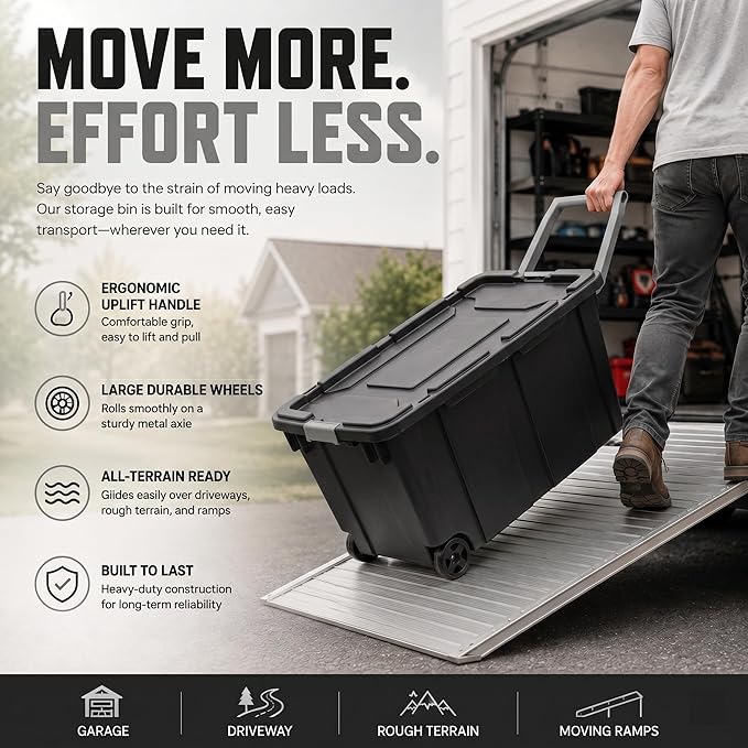 Extra Large 40 Gallon Wheeled Industrial Storage Bins, Heavy Duty Plastic Stackable Totes with Latch Lids and Pull Handle for Garage, Basement, and Moving, Dark Gray, 2 Pack