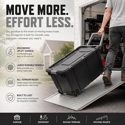 Extra Large 40 Gallon Wheeled Industrial Storage Bins, Heavy Duty Plastic Stackable Totes with Latch Lids and Pull Handle for Garage, Basement, and Moving, Dark Gray, 2 Pack