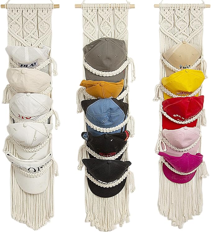 jontell Cap Holder-3 Pack-Hat Organizer for 30 Baseball Caps, Macrame Hat Rack for Wall, Cap Rack for Decoration and Display, Boho Handmade Cap Hanger Over Door Organizer
