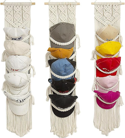 jontell Cap Holder-3 Pack-Hat Organizer for 30 Baseball Caps, Macrame Hat Rack for Wall, Cap Rack for Decoration and Display, Boho Handmade Cap Hanger Over Door Organizer