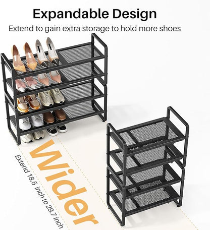 SNTD Shoe Rack - Expandable Shoe Organizer for Closet, Adjustable Metal Shoe Shelf Storage, Stackable Long Shoe Stand Holder for Garage, Entryway, Door Entrance (Black, 4-Tier)
