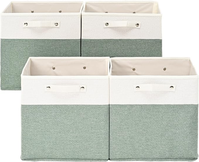 FinishingBo 13 x 13 Inch Fine Linen Storage Bins with Handles，Fabric Cube Boxs，Basket Organizers for Shelves for Home, Closet Drawers (White/Green-4 Pack )
