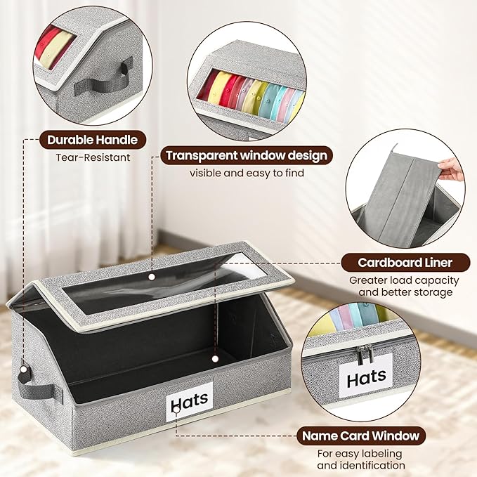 Hat Organizer for Baseball Caps, 2-Pack Stackable Hat Storage Box Holds 30 Caps, Foldable Cardboard Holder with Clear Dust-Proof Window for Closet, Grey