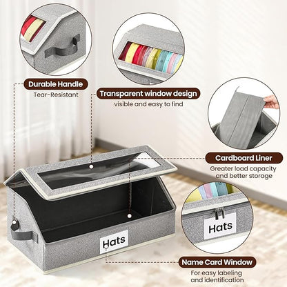 Hat Organizer for Baseball Caps, 2-Pack Stackable Hat Storage Box Holds 30 Caps, Foldable Cardboard Holder with Clear Dust-Proof Window for Closet, Grey