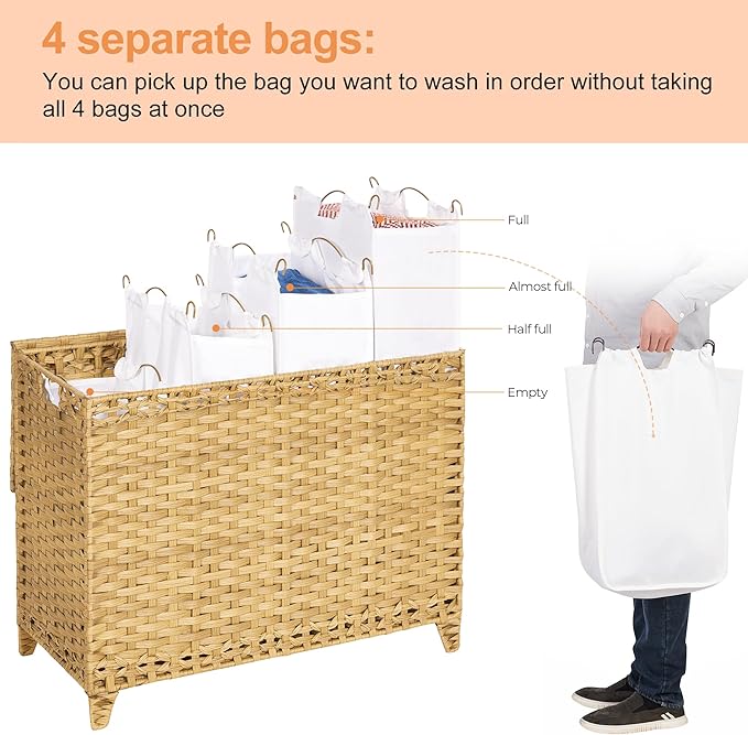 Laundry Hamper with 4 Removable Liner Bags; 176L Handwoven Rattan Laundry Basket with Lid & Heightened Feet; Clothes Hamper with Side Handles