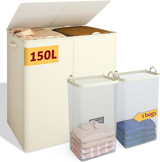 150L Laundry Hamper 2 Section, Large Laundry Hamper with Lid, Dirty Clothes Hamper with 2 Removable Inner Bags, Collapsible Laundry Basket Organizer for for Clothes Toys Towels, Hamper 2 Compartment