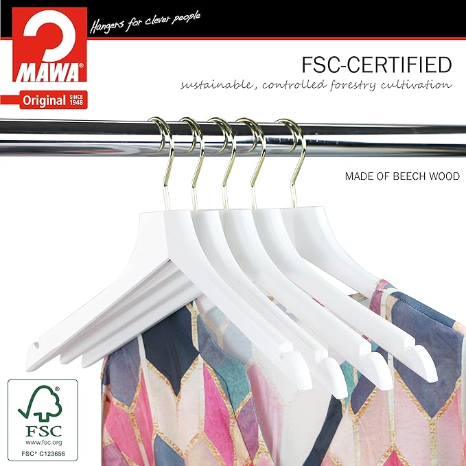 MAWA by Reston Lloyd, European Wooden Hanger, Beech Wood Straight Hanger with Shoulder Notches, Rotating Gold Hook, White Finish, for Shirts, Blazers, Dress Clothes, Set of 5 (27135)