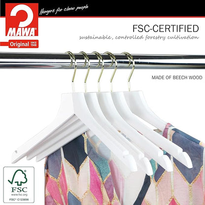MAWA by Reston Lloyd, European Wooden Hanger, Beech Wood Straight Hanger with Shoulder Notches, Rotating Gold Hook, White Finish, for Shirts, Blazers, Dress Clothes, Set of 5 (27135)