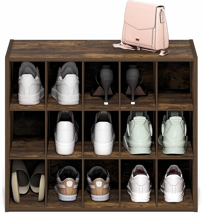 Furinno FANO Shoe Rack, 15-Cube Shoe Organizer, Stackable Shoe Storage, 11.4 x 24.2 x 19.3, for Closet Entryway, Office, Garage, Amber Pine