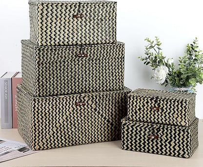 Hipiwe Wicker Shelf Baskets Bin with Lid, Handwoven Seagrass Basket Storage Bins Rectangular Household Basket Boxes for Shelf Wardrobe Home Organizer, Black,X-Large