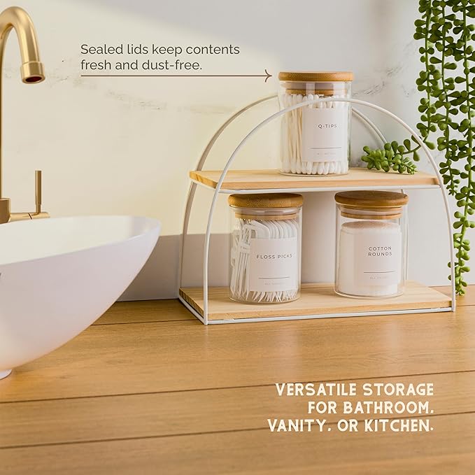 Vase and Vessel Mini Glass Apothecary Jars with Bamboo Lids, Small Bathroom and Kitchen Storage Containers, For Cotton Balls, Pads and Swabs, 10 oz, Set of 3 (Clear)