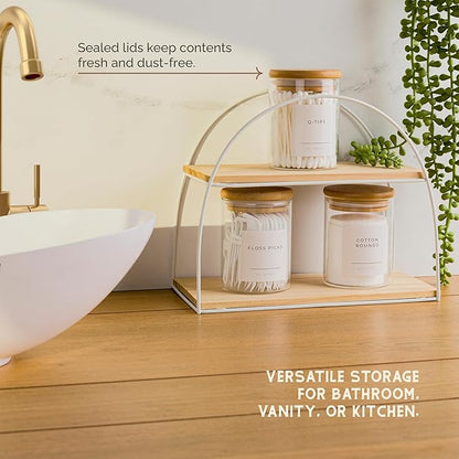 Vase and Vessel Mini Glass Apothecary Jars with Bamboo Lids, Small Bathroom and Kitchen Storage Containers, For Cotton Balls, Pads and Swabs, 10 oz, Set of 3 (Clear)