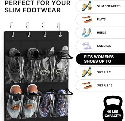 Simple Houseware 24 Pockets - Crystal Clear Over The Door Hanging Shoe Organizer, Black (64'' x 19'')