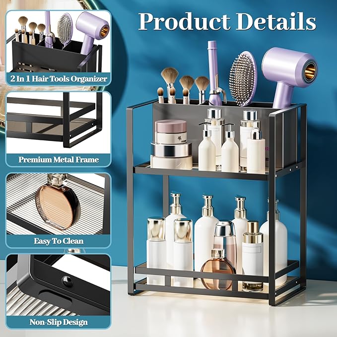 SanDream Hair Tool Organizer Bathroom Countertop, 2-Tier Metal Bathroom Organizer with Blow Dryer Holder, Large Capacity Space-Saving Vanity Shelf for Perfume, Skincare & Makeup Storage (Black)
