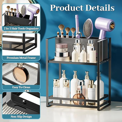 SanDream Hair Tool Organizer Bathroom Countertop, 2-Tier Metal Bathroom Organizer with Blow Dryer Holder, Large Capacity Space-Saving Vanity Shelf for Perfume, Skincare & Makeup Storage (Black)