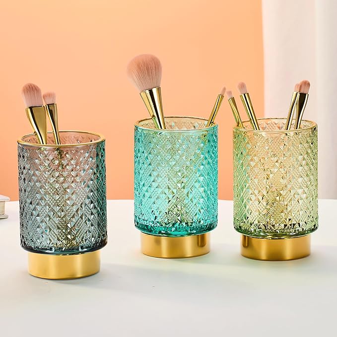 Makeup Brush Holder Organizer,Toothbrush Holders,Desk Pen Pencil Holder,Multifunctional Vintage Glass Brush Cup（A45-7-US）