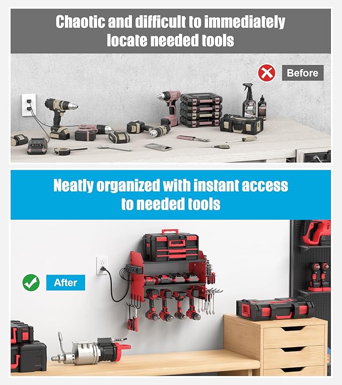 CCCEI Modular Power Tools Organizer Charging Station, Drills and Battery Storage Wall Mount, Garage Shop Organization, Anniversary, Birthday, Gifts for Men, Father, Red, 1 Pack.