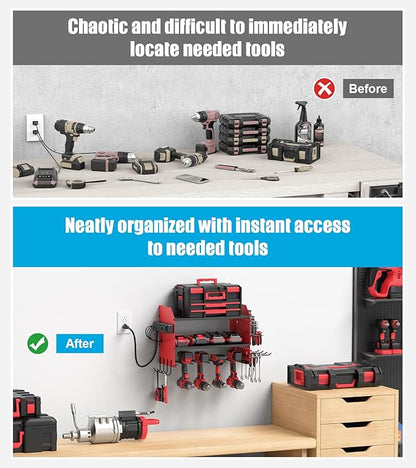 CCCEI Modular Power Tools Organizer Charging Station, Drills and Battery Storage Wall Mount, Garage Shop Organization, Anniversary, Birthday, Gifts for Men, Father, Red, 1 Pack.
