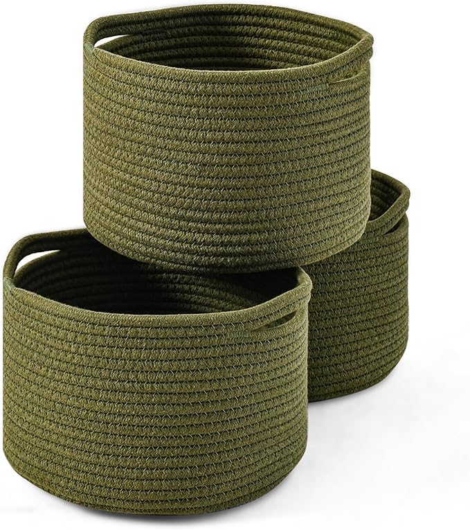 ICERZCZ Small Storage Baskets for Organizing, Organizer Baskets for Shelves, Green Woven Basket for Storage Decor, Small Decorative Cotton Rope Basket, 9.7"×9.7"×7" (3 Packs) Green