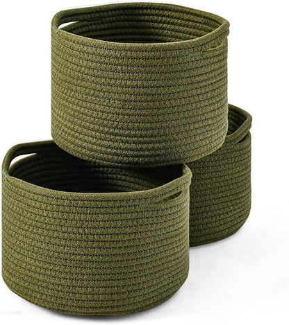 ICERZCZ Small Storage Baskets for Organizing, Organizer Baskets for Shelves, Green Woven Basket for Storage Decor, Small Decorative Cotton Rope Basket, 9.7"×9.7"×7" (3 Packs) Green