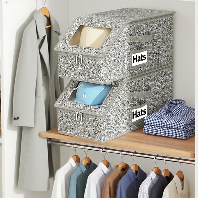 2 Pack Hat Organizer Box for Women & Men, Foldable Storage Box with Clear Lid for Baseball, Cowboy Caps, Stackable Clear Hat Organizer, Store up to 28 Caps, Grey