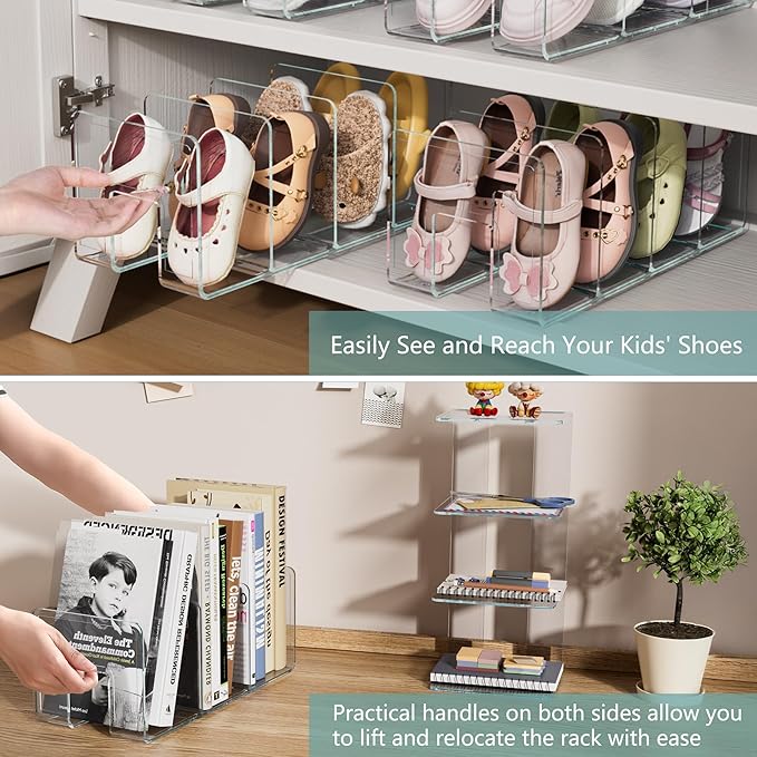 Acrylic Kids Shoe Rack Organizer 3-Section, Toddler Shoe Organizer for Closet, 2 Pack Baby Shoe Storage Shelf, Purse Rack Organizer