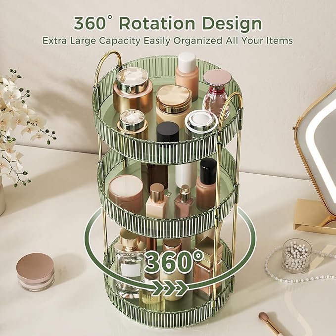360° Rotating Makeup Organizer, Large Capacity Skincare Organizer, 3 Tier Cosmetic Skin Care Perfume Dresser Organizer, Fits Cosmetics, Perfume, Skin Care, Lipstick