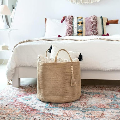 Mkono Tall Wicker Laundry Basket Woven Storage Basket Decorative Natural Rope Basket Wooden Bead Decoration for Blankets,Toys,Clothes,Shoes,Plant Organizer Bin with Handles Living Room 15"Wx17.7"L