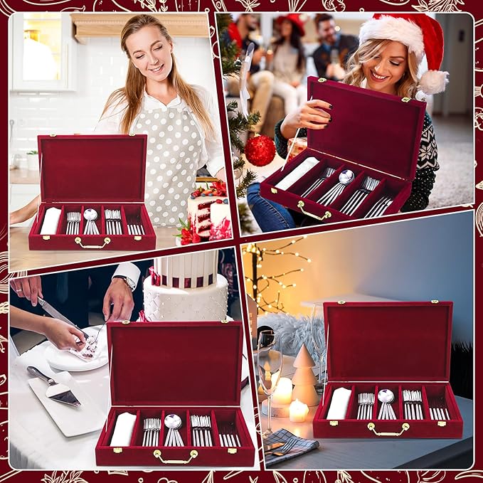 Pickmesh Silverware Case with Lid and Handle, Silverware Storage Box Sterling Silver Flatware Chest Without Silver Tarnish Proof Utensils Organizer for Kitchen Decor Wedding Gifts(Burgundy,1 Layer)