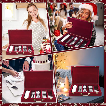 Pickmesh Silverware Case with Lid and Handle, Silverware Storage Box Sterling Silver Flatware Chest Without Silver Tarnish Proof Utensils Organizer for Kitchen Decor Wedding Gifts(Burgundy,1 Layer)