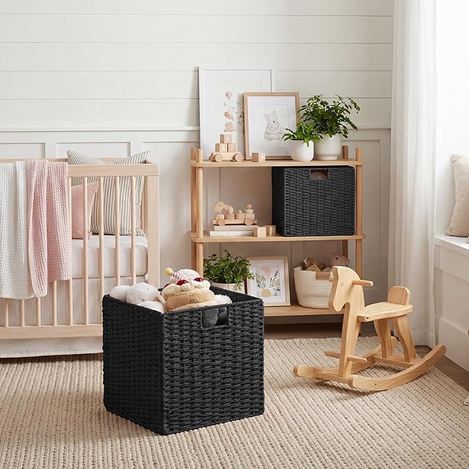 StorageWorks 13 inch Wicker Storage Baskets, Handwoven Wicker Basket for Organizing, Foldable Square Storage Cubes, Black, Paper Rope, 2 Pack