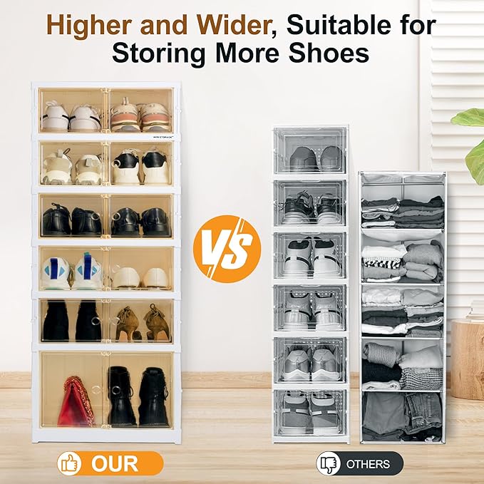 Easy Assembly 9 Tier Foldable Shoe Rack Organizer White Clear Plastic Portable Collapsible Shoe Organizer and Folding Shoe Storage Box and Cabinet with Door