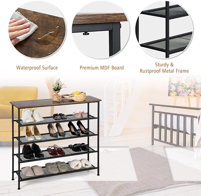 Tangkula 5-Tier Metal Shoe Rack, Freestanding Shoe Storage Organizer with Flat Mesh Shelf & Wooden Top for 16-20 Pairs, Industrial Shoe Storage Rack for Entryway, Hallway, Living Room, Rustic Brown