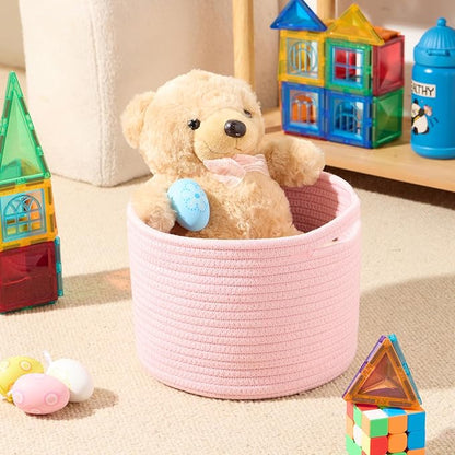 MiniArk Small Basket for Organizing | Cube Shelf Closet Storage Baskets | 9.7×9.7×7.1” | Woven Rope Gift Basket | Nursery | Round 3 Packs Light Pink