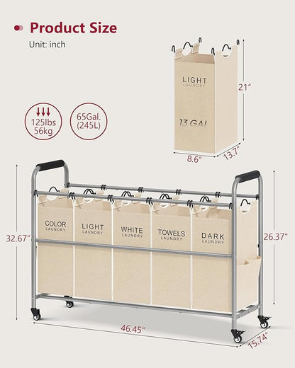 Tajsoon Laundry Sorter 5 Sections, Laundry Hamper with Heavy Duty Lockable Wheels and Removable Bags, 5 Bag Rolling Laundry Sorter Cart for Dirty Clothes Storage, Laundry Separator Hamper, Beige
