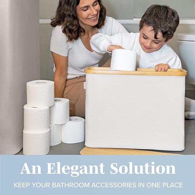 LONBET Toilet Paper Storage for 12 Rolls, Stackable & Foldable - The Ultimate Bathroom Organizer - Waterproof Basket with Bamboo Lid - Elegant Toilet Paper Storage Holder, Light Gray