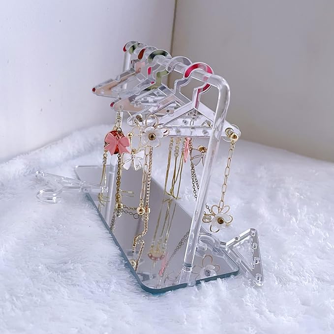 Earring Hanger Rack with 8 Mini Coat Hangers, Acrylic Earring Holder Display Stand, Ear Studs Hanging Earrings Organizer For Women Girls, Silver