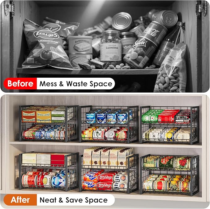 X-cosrack 2 Packs Stackable Can Rack Organizer for Pantry, 2-Tier Sturdy Adjustable Pantry Can Storage Organizer for Canned Food Can Goods, Kitchen Can Dispenser Holder for Soda Drinks Snack, Black