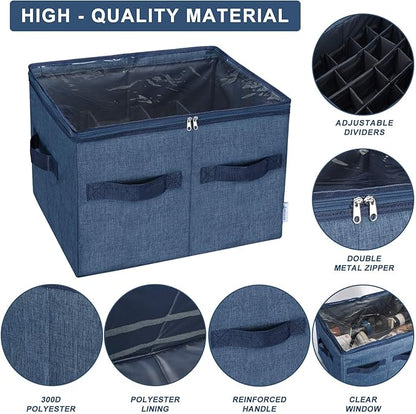 Moteph Shoe Organizer Closet Storage Solution with Clear Cover & Adjustable Dividers for Shoes, Handbags, Blankets, Linen, Clothing (Medium - 16 Pairs, Navy Blue)
