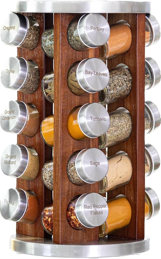 Orii 20 Jar Rotating Dark Acacia Wood Spice Rack with Spices Included & 5-Year Spice Refill Program – Rustic Wood Countertop Spice Rack with Glass Jars