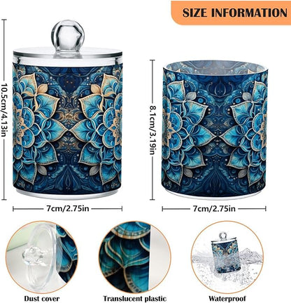 Mandala Pattern Blue Qtip Holder 4 Pack - 10 Oz Clear Plastic Apothecary Jar Set for Bathroom Organization - Versatile Canister Storage for Cotton Balls, Swabs, Rounds