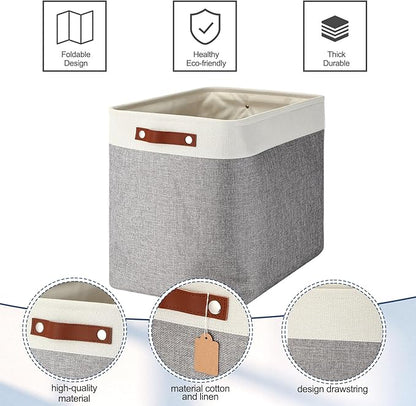 Uiifan 10 Pcs Collapsible Storage Bins Fabric Foldable Storage Basket with Handles Cloth Organizer Linen Shelf Baskets for Shelves Home Closet Nursery Toys(17 x 15 x 12 Inch,Gray and White)